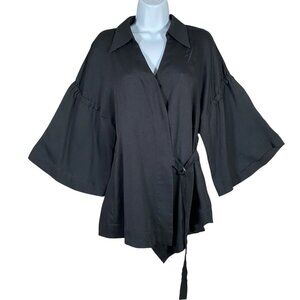 Musée Artsy Black Wrap Jacket Women's M Wide Bell Sleeves Lightweight Collared